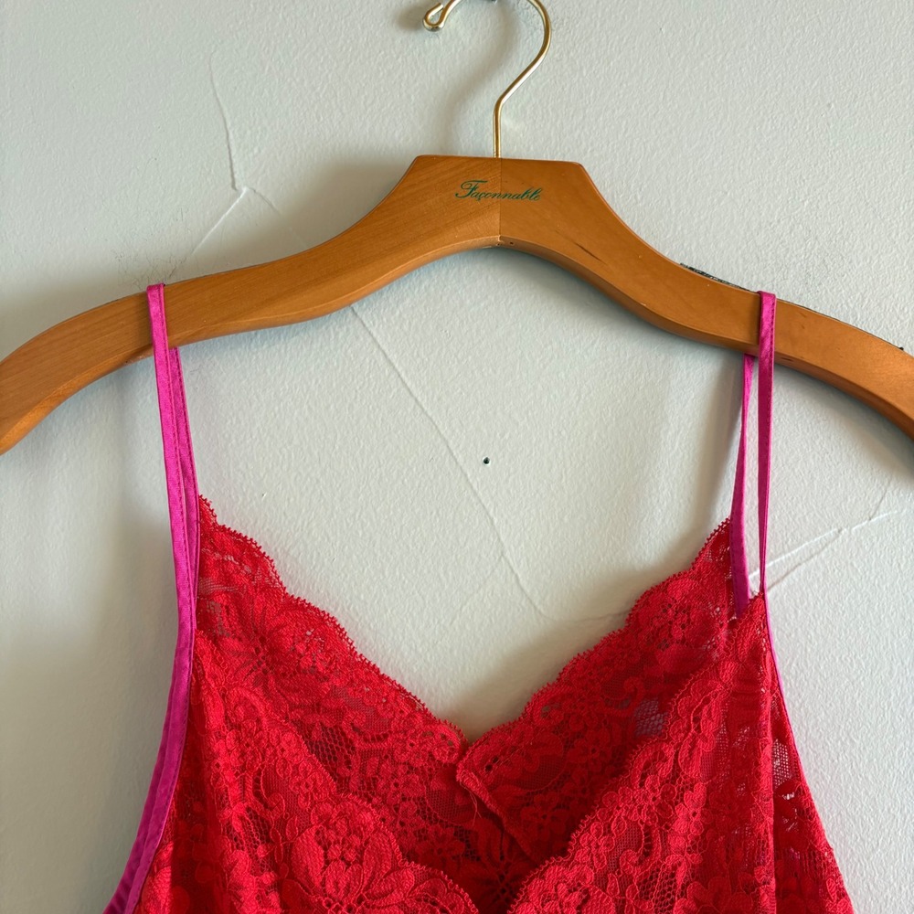 Topshop Hot Pink Satin Red Lace Maxi Nightgown Slip Dress Side Slit Fuchsia SZ 6 - Picture 5 of 13